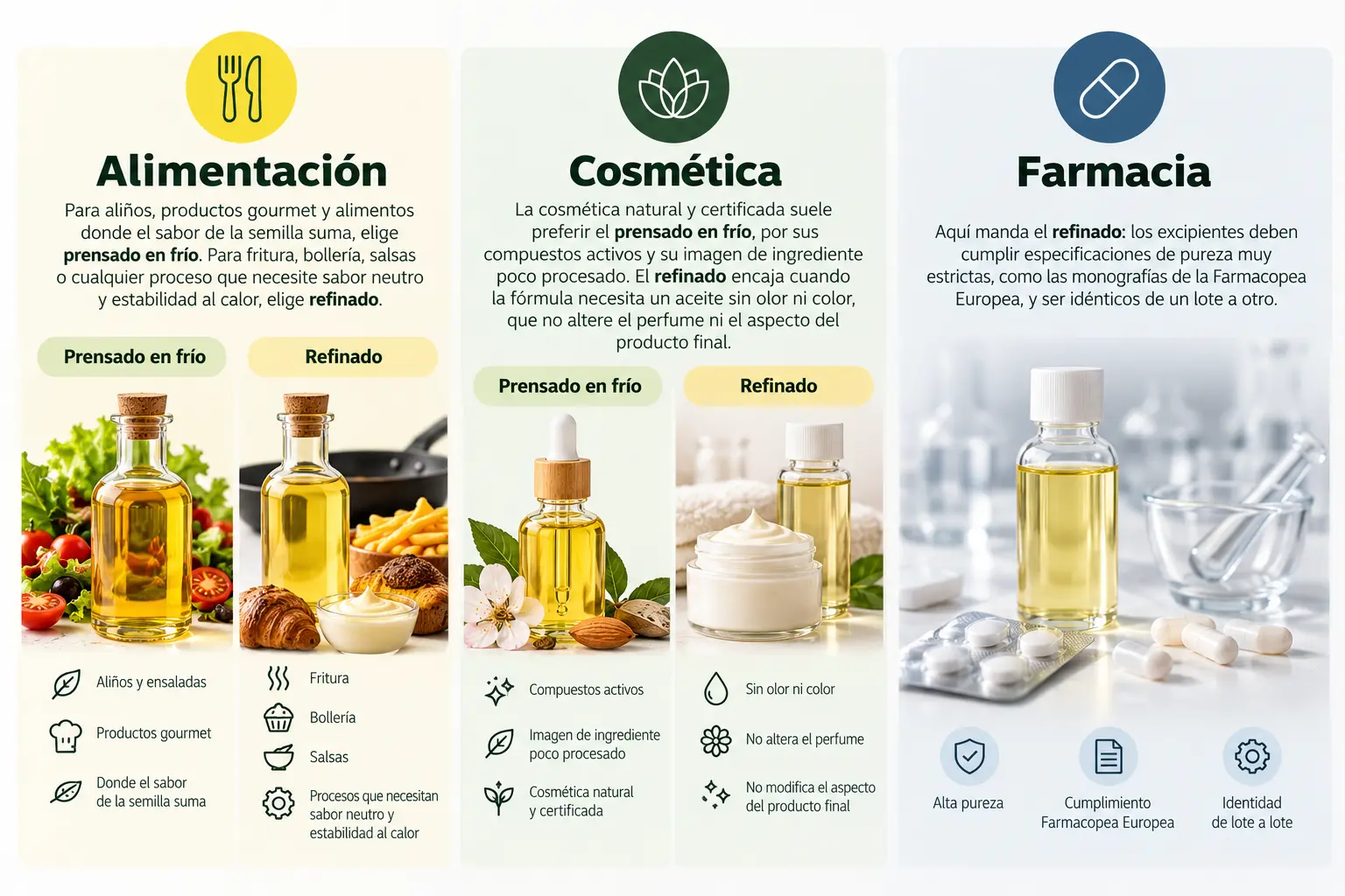 Uso de aceites refinados o prensados en frio según el sector